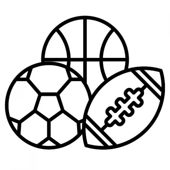 Black and white line drawing of a football, soccer ball and basketball