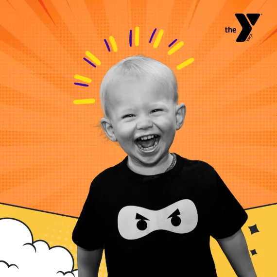 small child smiling, wearing a Lil Ninja t-shirt with comic style, orange and yellow background,