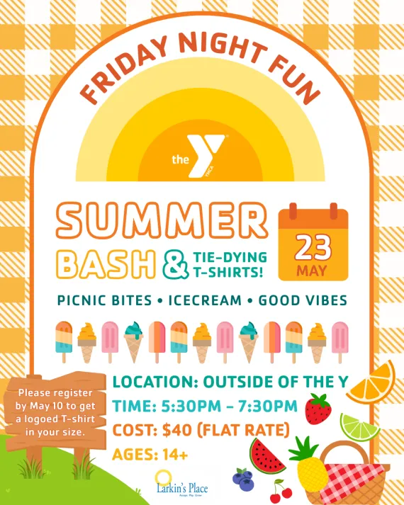 Friday Night Fun: Summer Bash & Tie-Dye Flyer. A bright yellow flyer displaying details about an upcoming "Friday Night Fun" on May 23. The image features icons of summer fruit, icecream and picnic elements. See text below for details.